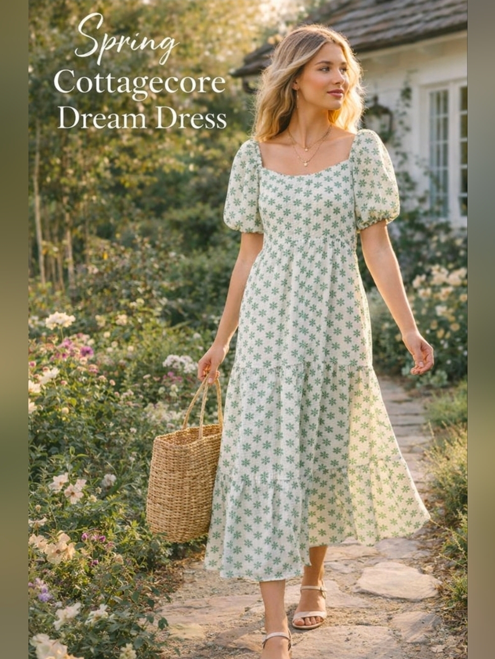 Baevely Green Floral Puff Sleeve Cottagecore Midi Dress L NWT Spring
